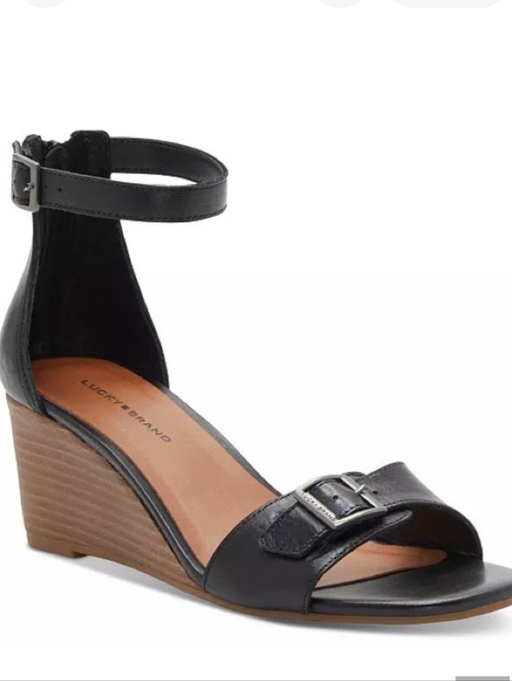 Lucky Brand Black Leather Jodella Ankle-Strap Wedge Sandals with Buckle 7.5 med